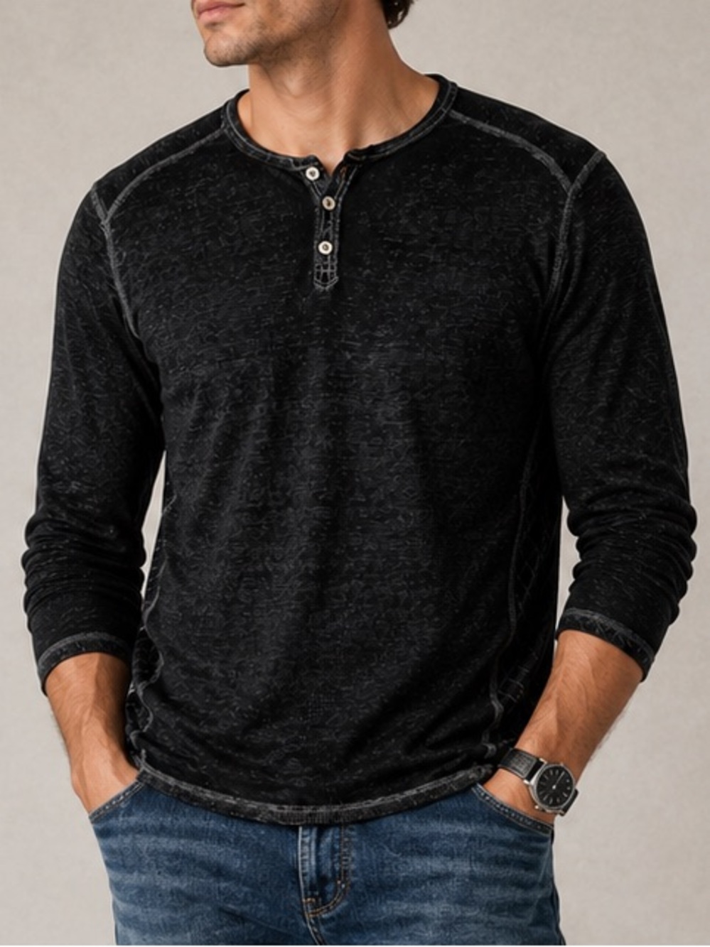 Buckle Black Long Sleeve Henley Shirt Men’s XL Black Acid Wash Textured Casual